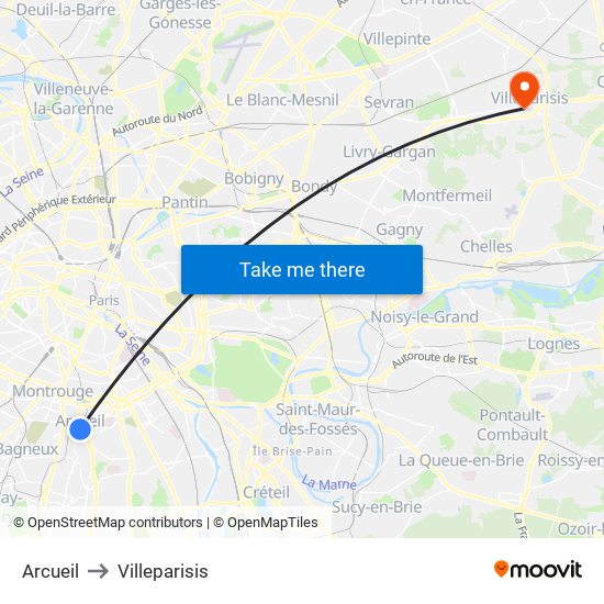 Arcueil to Villeparisis map