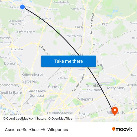 Asnieres-Sur-Oise to Villeparisis map