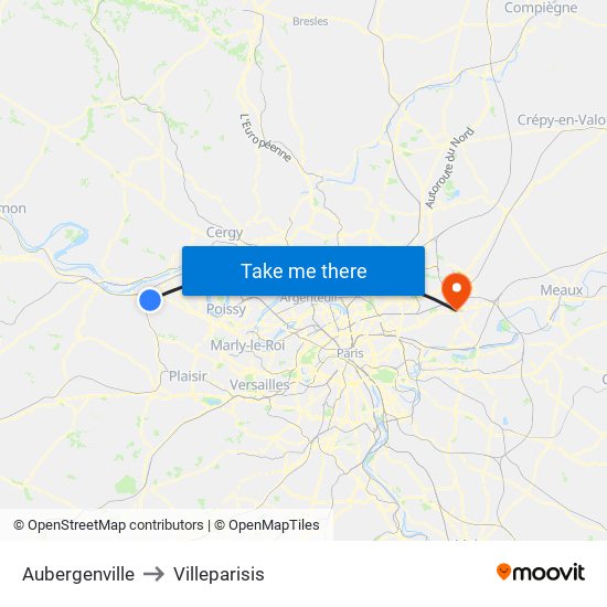 Aubergenville to Villeparisis map