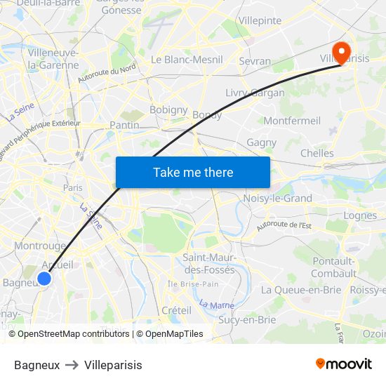 Bagneux to Villeparisis map