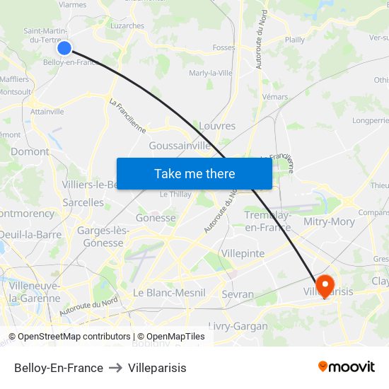 Belloy-En-France to Villeparisis map