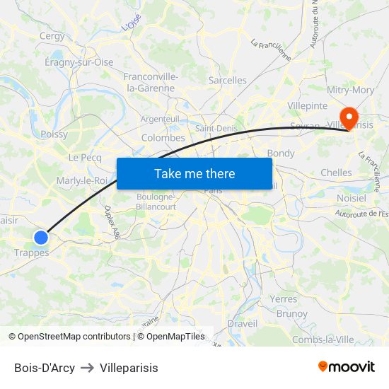 Bois-D'Arcy to Villeparisis map