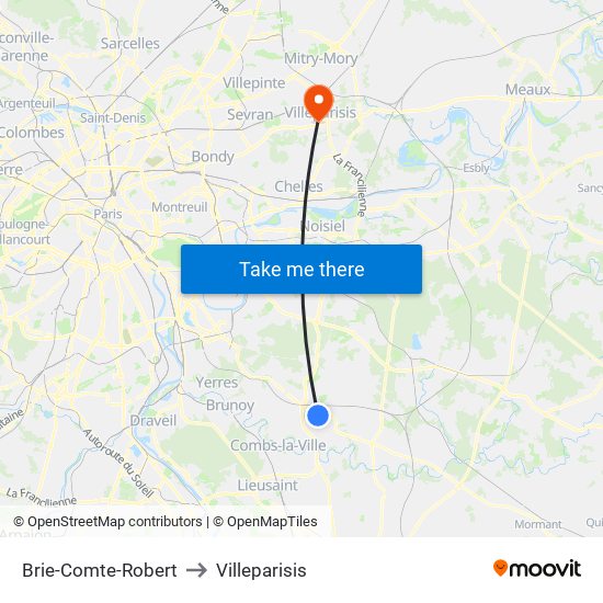 Brie-Comte-Robert to Villeparisis map