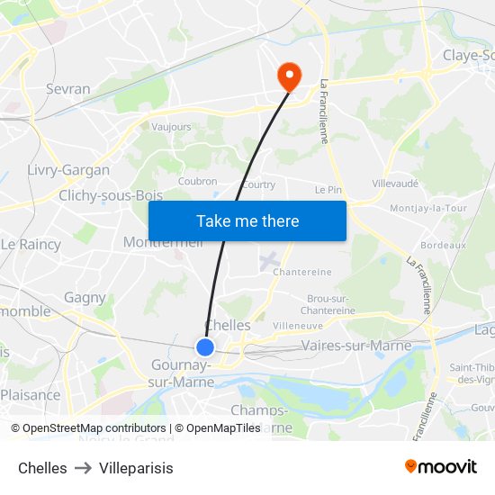 Chelles to Villeparisis map