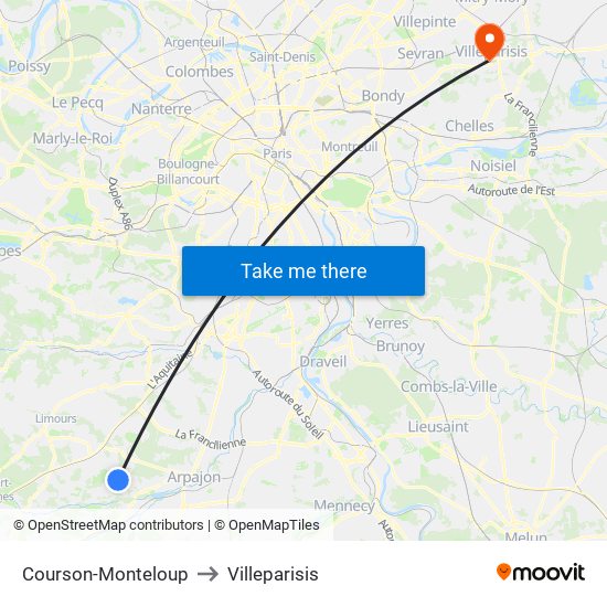 Courson-Monteloup to Villeparisis map