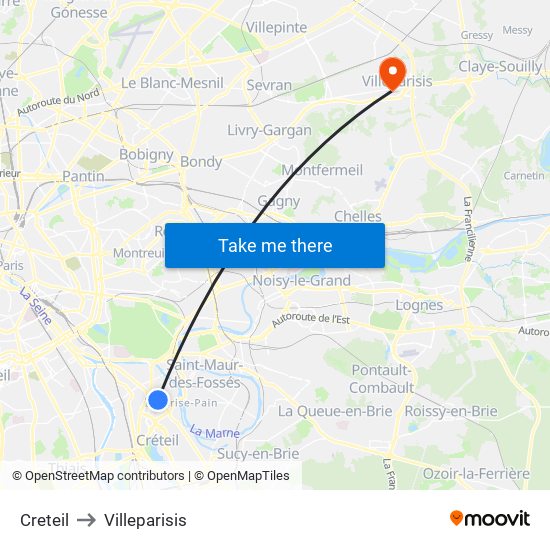 Creteil to Villeparisis map