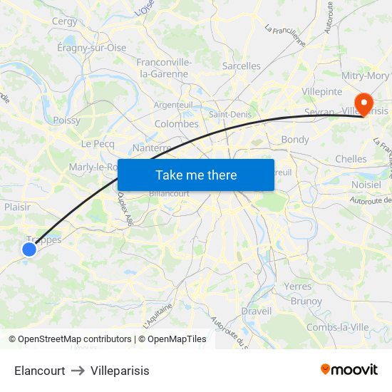 Elancourt to Villeparisis map