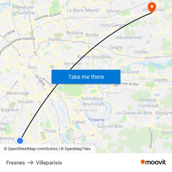 Fresnes to Villeparisis map