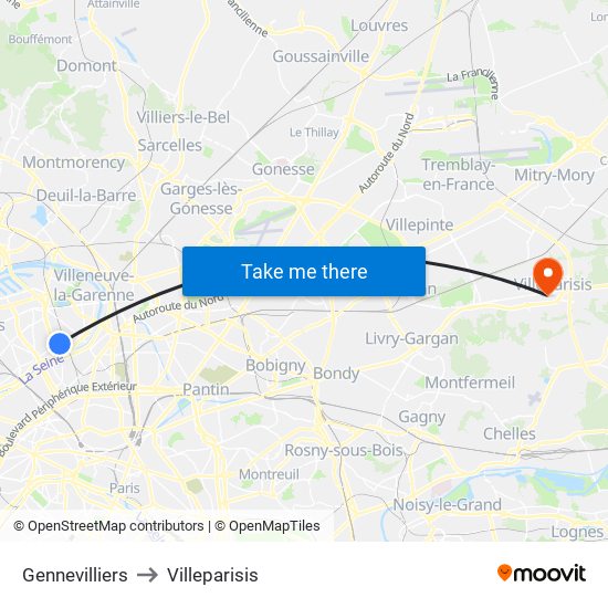 Gennevilliers to Villeparisis map