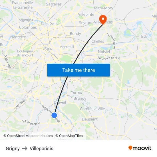 Grigny to Villeparisis map