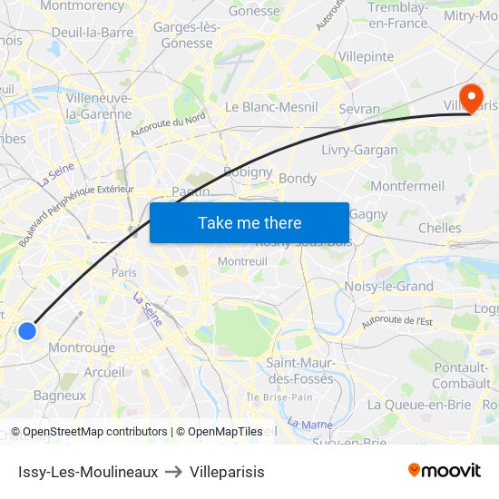 Issy-Les-Moulineaux to Villeparisis map