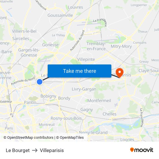 Le Bourget to Villeparisis map