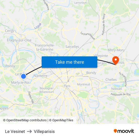 Le Vesinet to Villeparisis map
