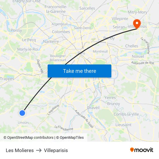Les Molieres to Villeparisis map
