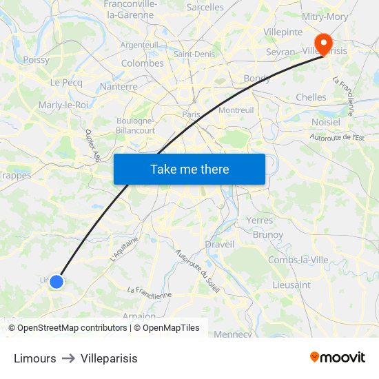Limours to Villeparisis map