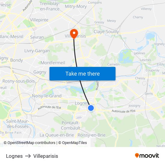Lognes to Villeparisis map