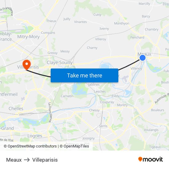 Meaux to Villeparisis map