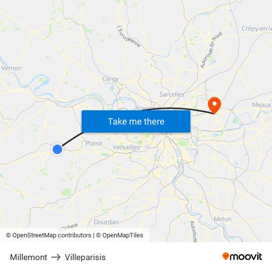 Millemont to Villeparisis map