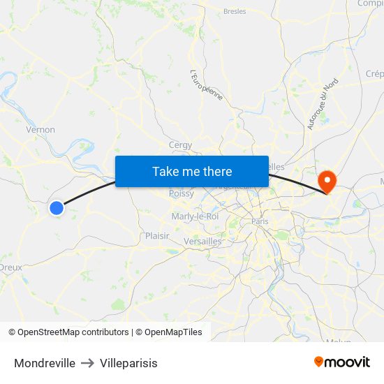 Mondreville to Villeparisis map