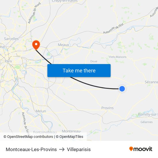 Montceaux-Les-Provins to Villeparisis map