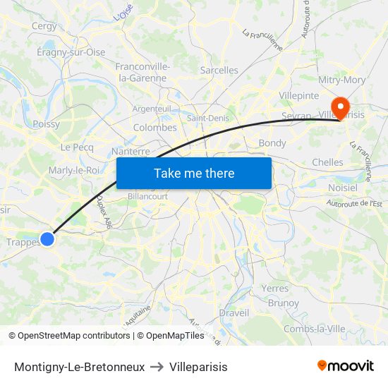 Montigny-Le-Bretonneux to Villeparisis map