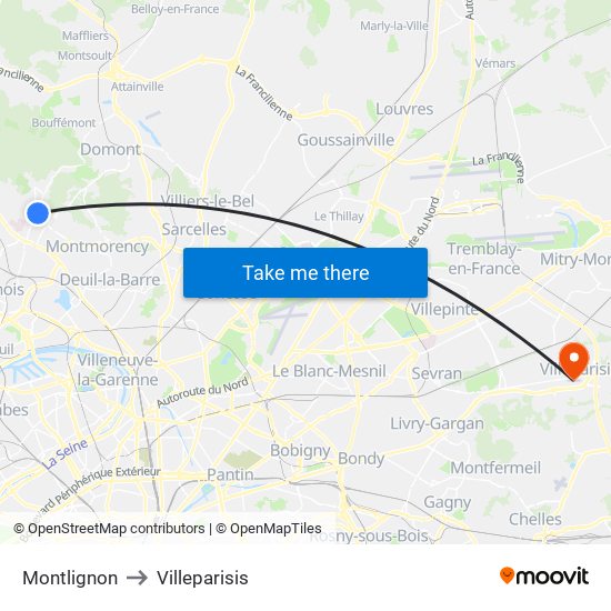 Montlignon to Villeparisis map