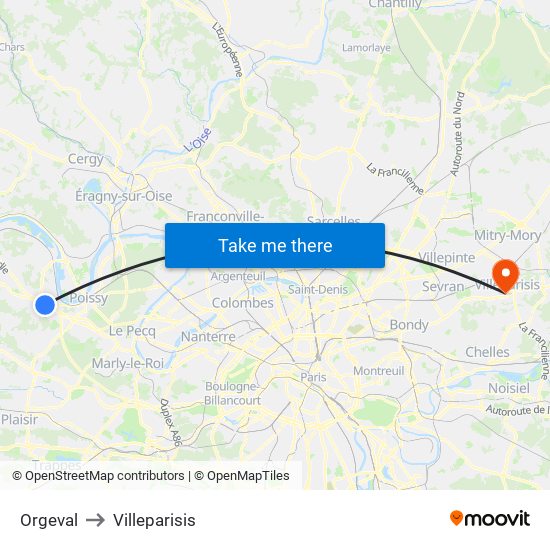 Orgeval to Villeparisis map