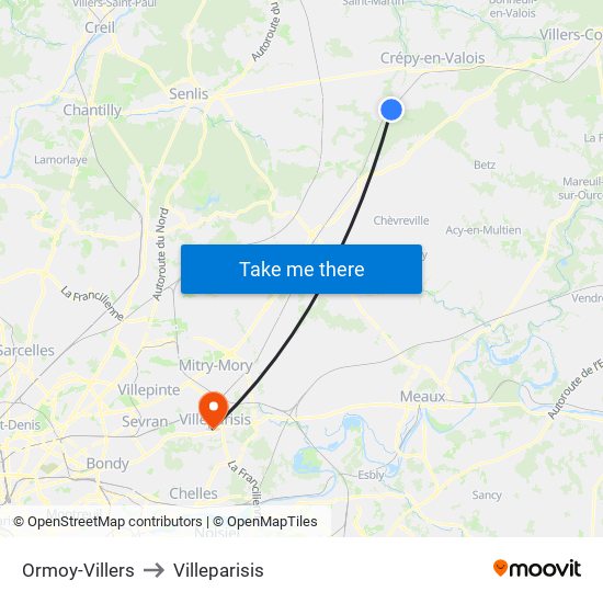 Ormoy-Villers to Villeparisis map