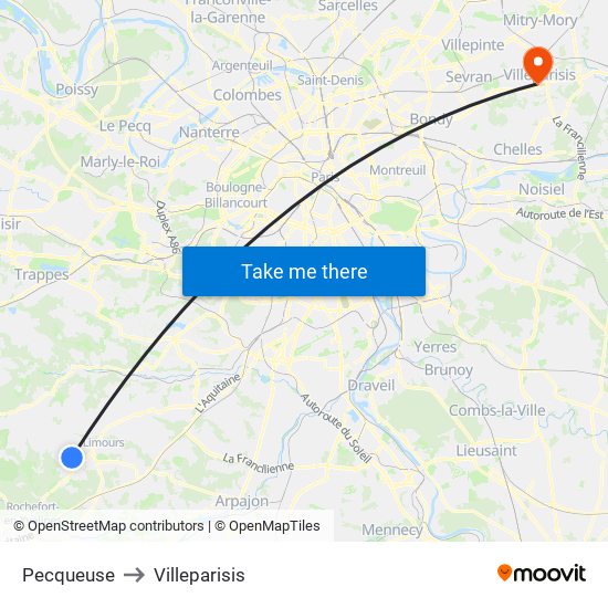 Pecqueuse to Villeparisis map