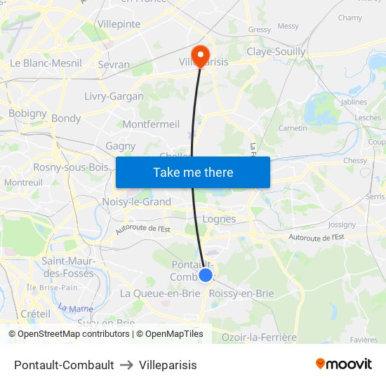 Pontault-Combault to Villeparisis map