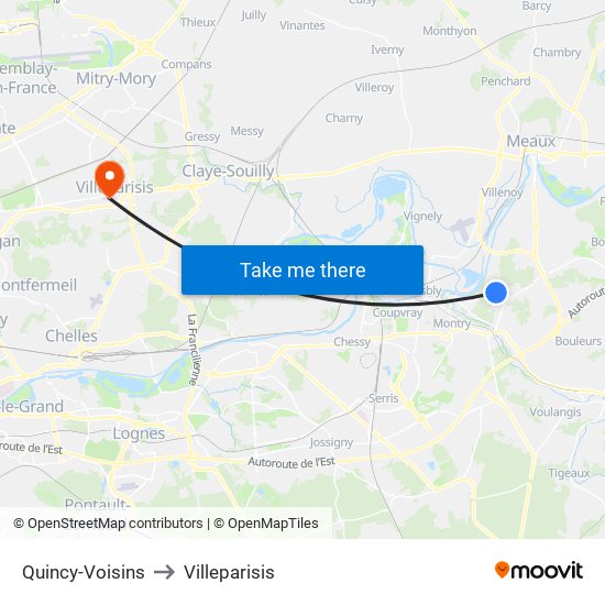 Quincy-Voisins to Villeparisis map