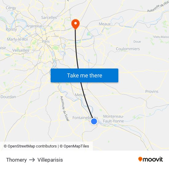 Thomery to Villeparisis map