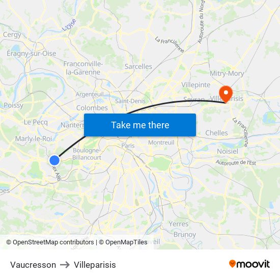 Vaucresson to Villeparisis map