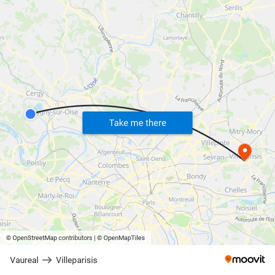 Vaureal to Villeparisis map