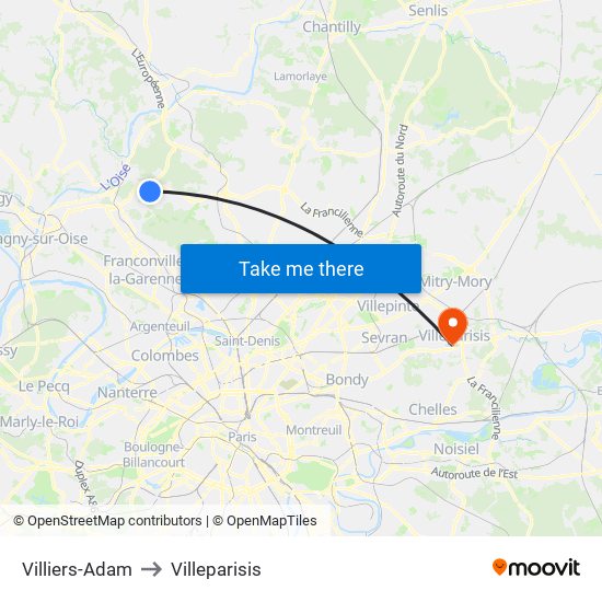 Villiers-Adam to Villeparisis map