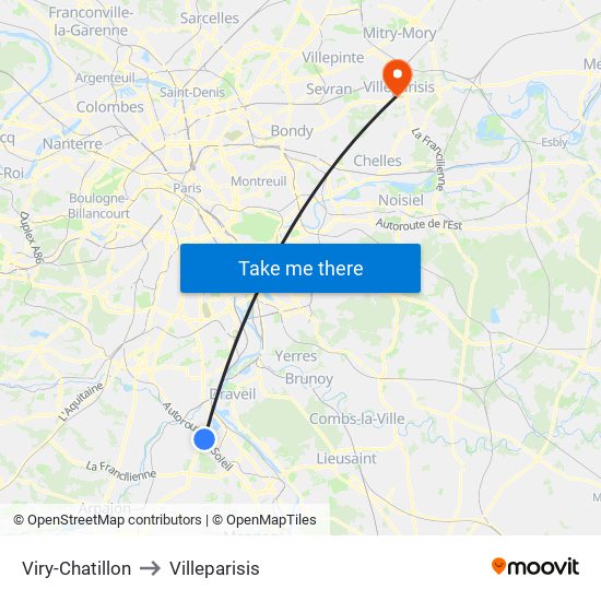 Viry-Chatillon to Villeparisis map