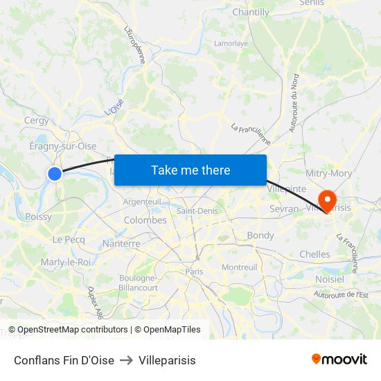 Conflans Fin D'Oise to Villeparisis map
