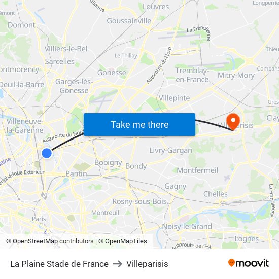 La Plaine Stade de France to Villeparisis map