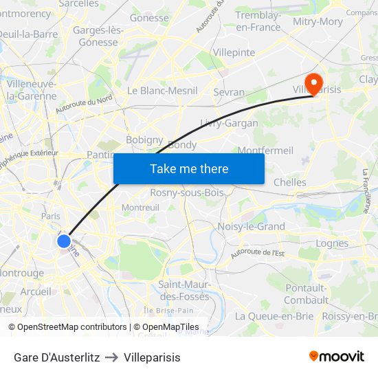 Gare D'Austerlitz to Villeparisis map