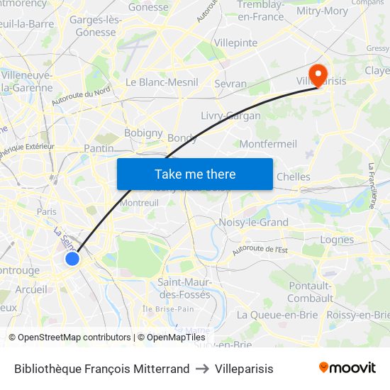 Bibliothèque François Mitterrand to Villeparisis map