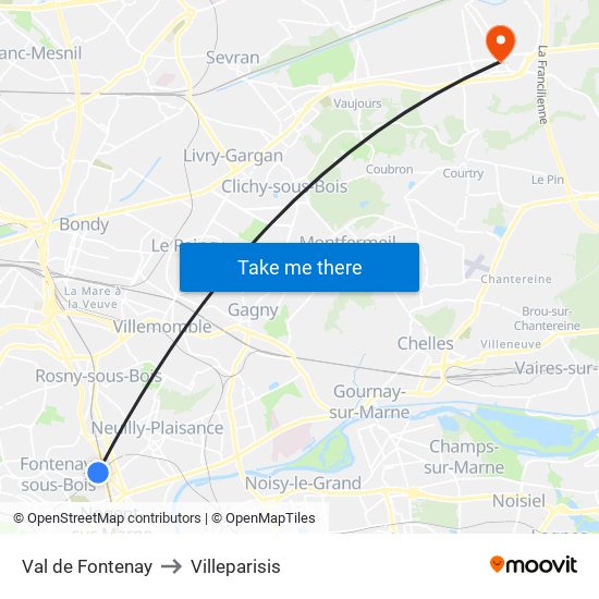 Val de Fontenay to Villeparisis map