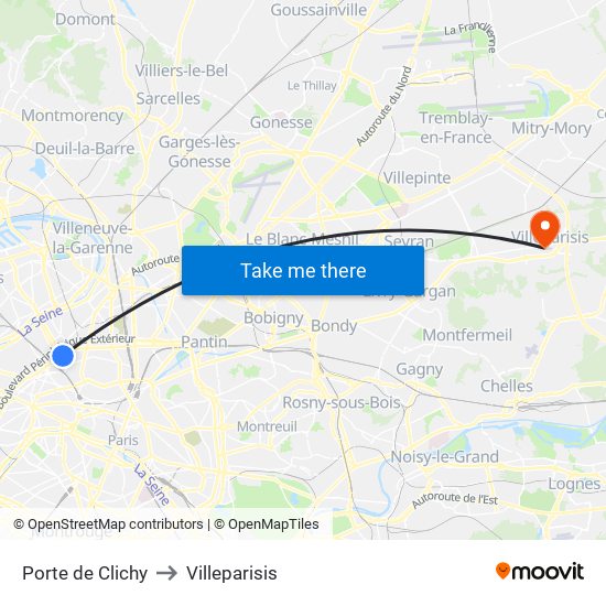 Porte de Clichy to Villeparisis map