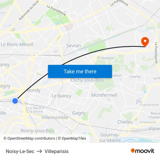 Noisy-Le-Sec to Villeparisis map
