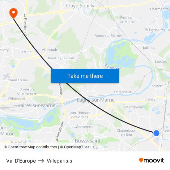 Val D'Europe to Villeparisis map