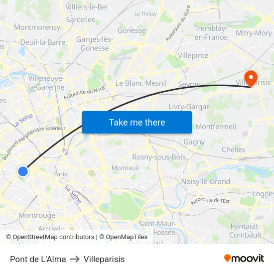 Pont de L'Alma to Villeparisis map