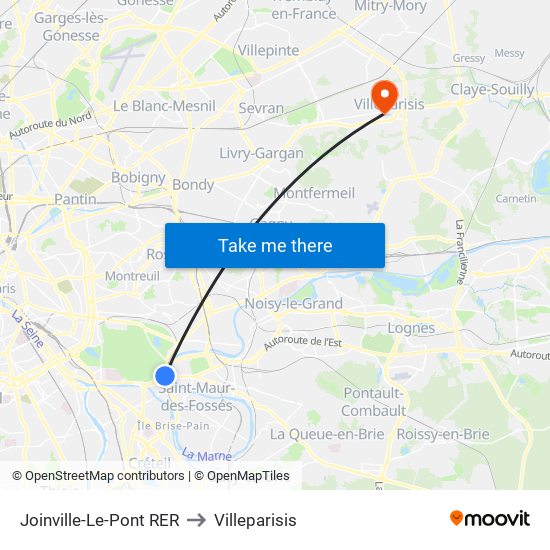 Joinville-Le-Pont RER to Villeparisis map