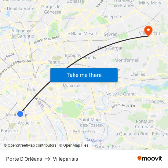 Porte D'Orléans to Villeparisis map