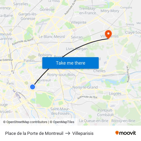 Place de la Porte de Montreuil to Villeparisis map