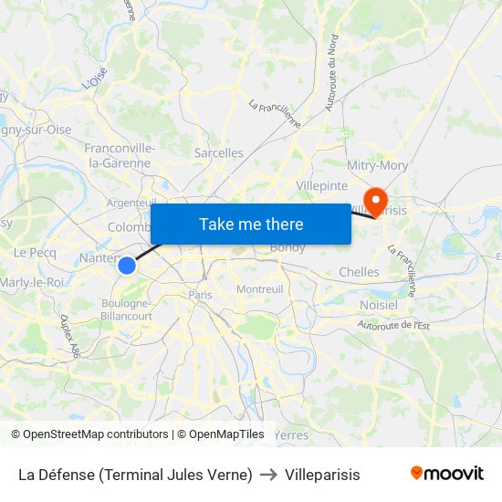 La Défense (Terminal Jules Verne) to Villeparisis map