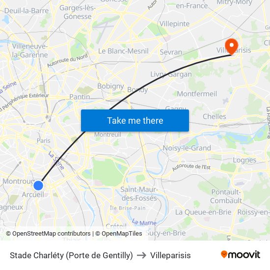 Stade Charléty (Porte de Gentilly) to Villeparisis map